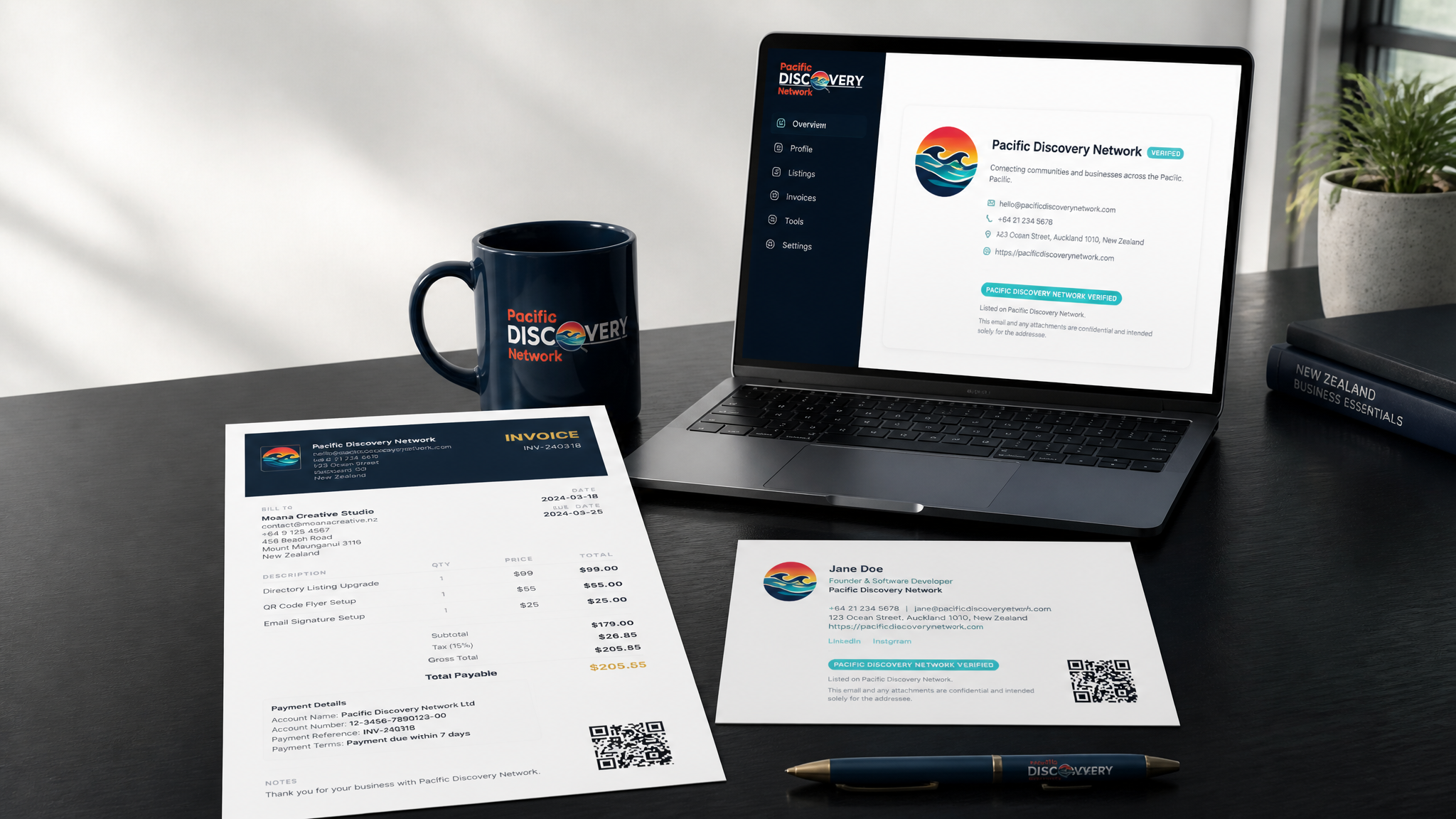 A branded PDN invoice, email signature and QR code for one business, shown together