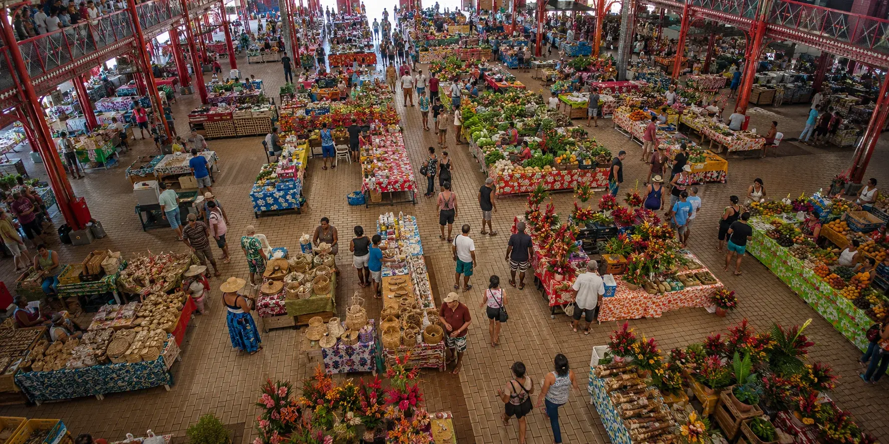 Pacific market scene — trading, building, feeding, making