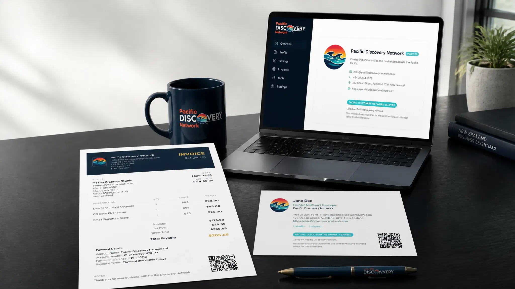 A branded PDN invoice, email signature and QR code for one business, shown together