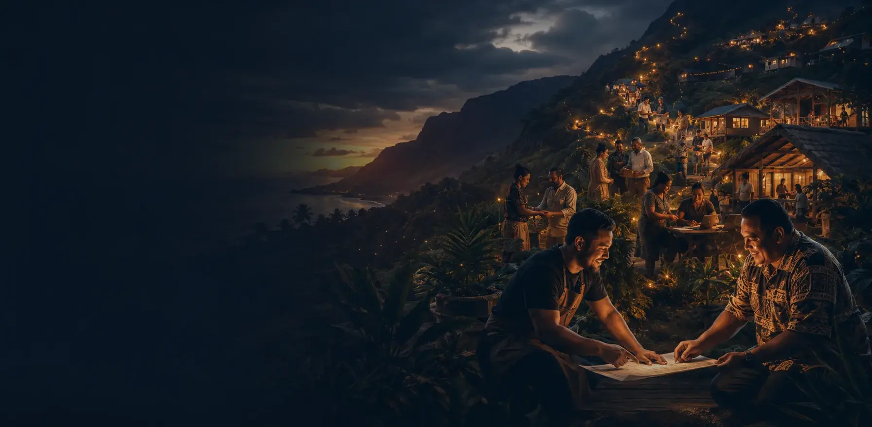 Six Pacific business owners around a long table on an oceanfront terrace, laptops and plans open between them