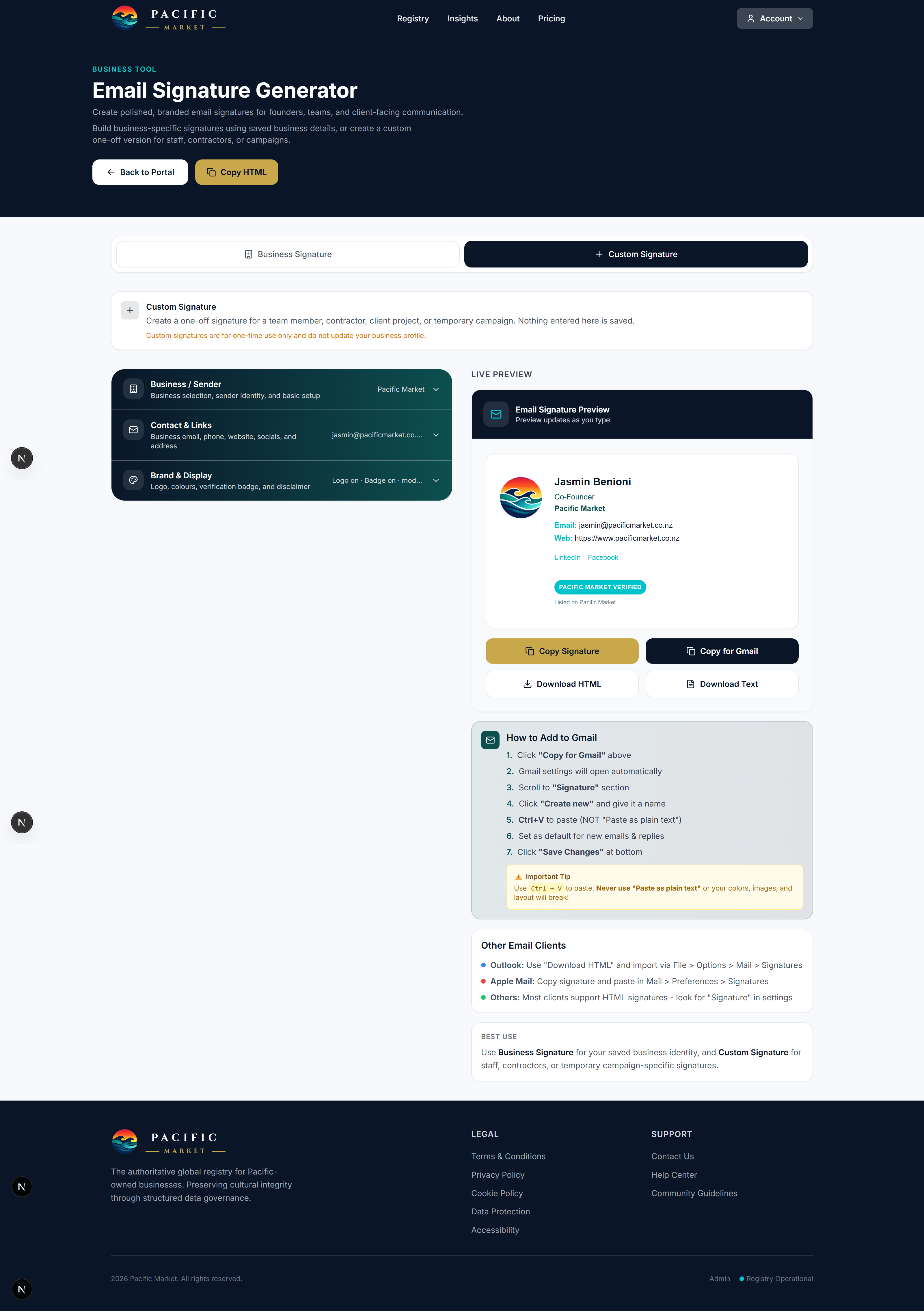 Pacific Market Email Signature Generator preview