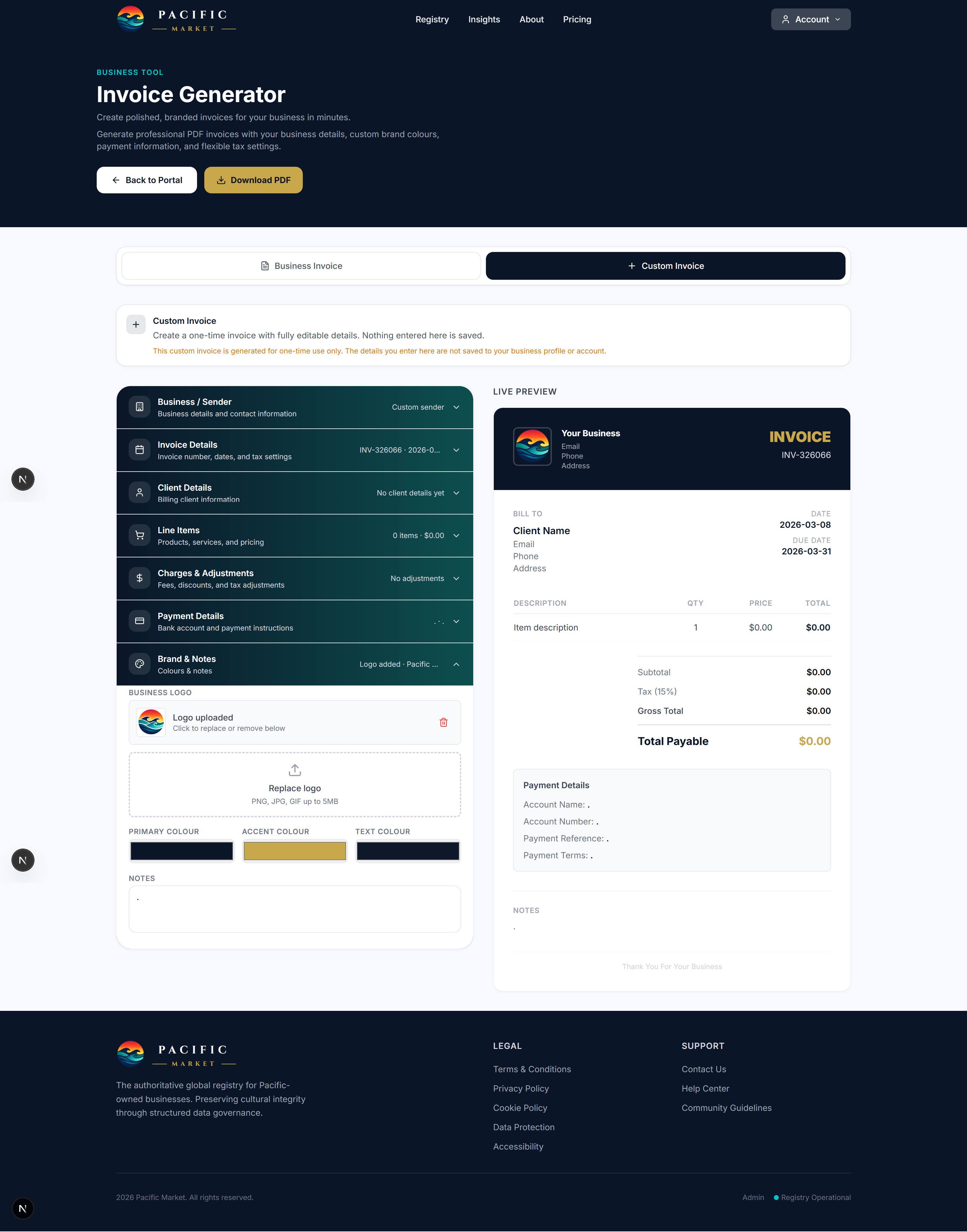 Pacific Market Invoice Generator preview