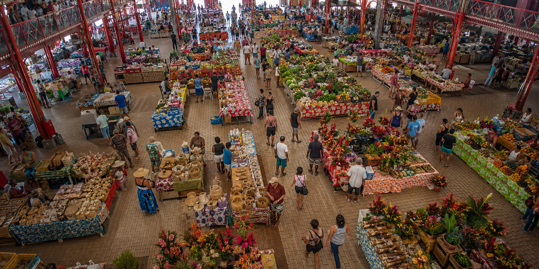 Pacific market scene — trading, building, feeding, making